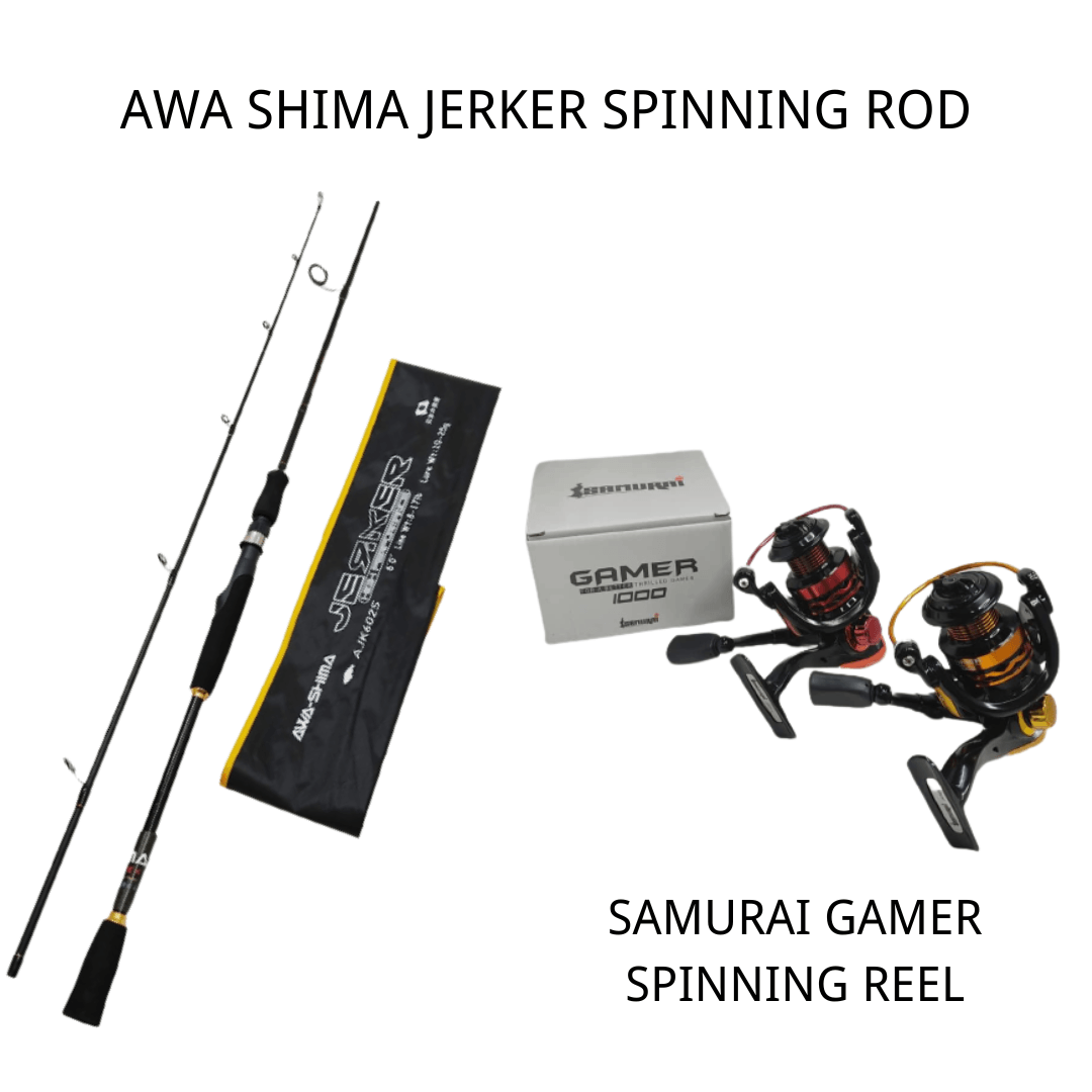 SET COMBO PANTAI BEGINNER Warna Random, AWA SHIMA JERKER SPINNING ROD + SAMURAI GAMER SPINNING REEL